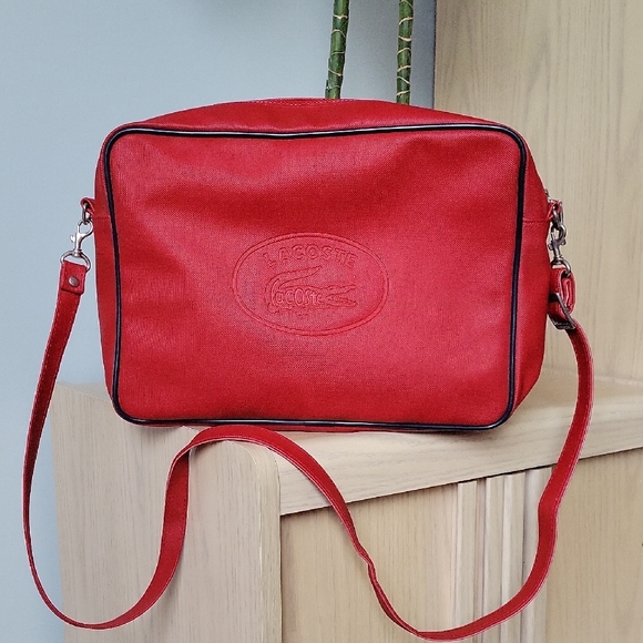 Lacoste Handbags - Lacoste Red Vinylon Crossbody Bag with Embossed Logo and Navy Rib Trim
